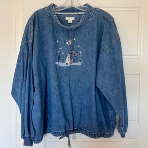 Christopher & Banks Vintage 2003 Blue Denim Snowman Winter Scene Embroidered L